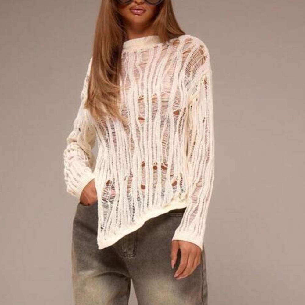 Distressed knit crochet style Women's Cream too long sleeve sexy